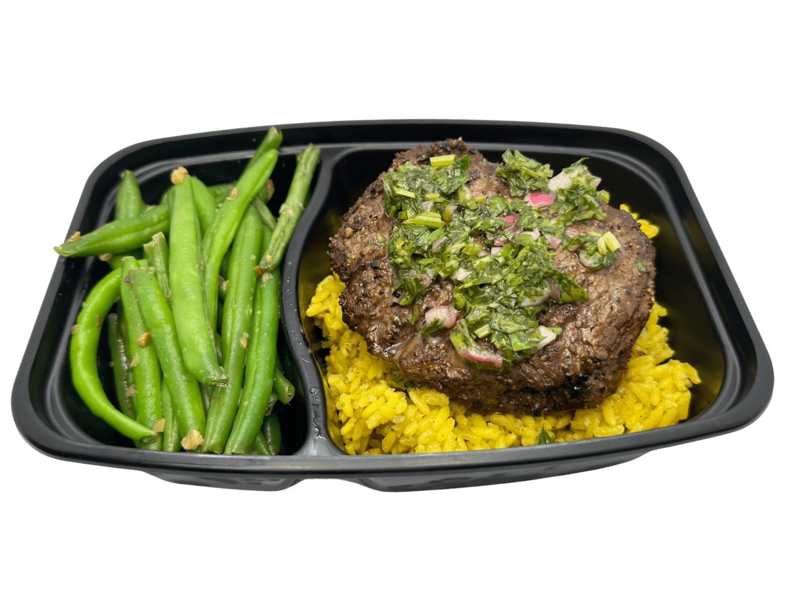 Chimichurri Steak with Yellow Rice, Green Beans - Whole Body Fuel