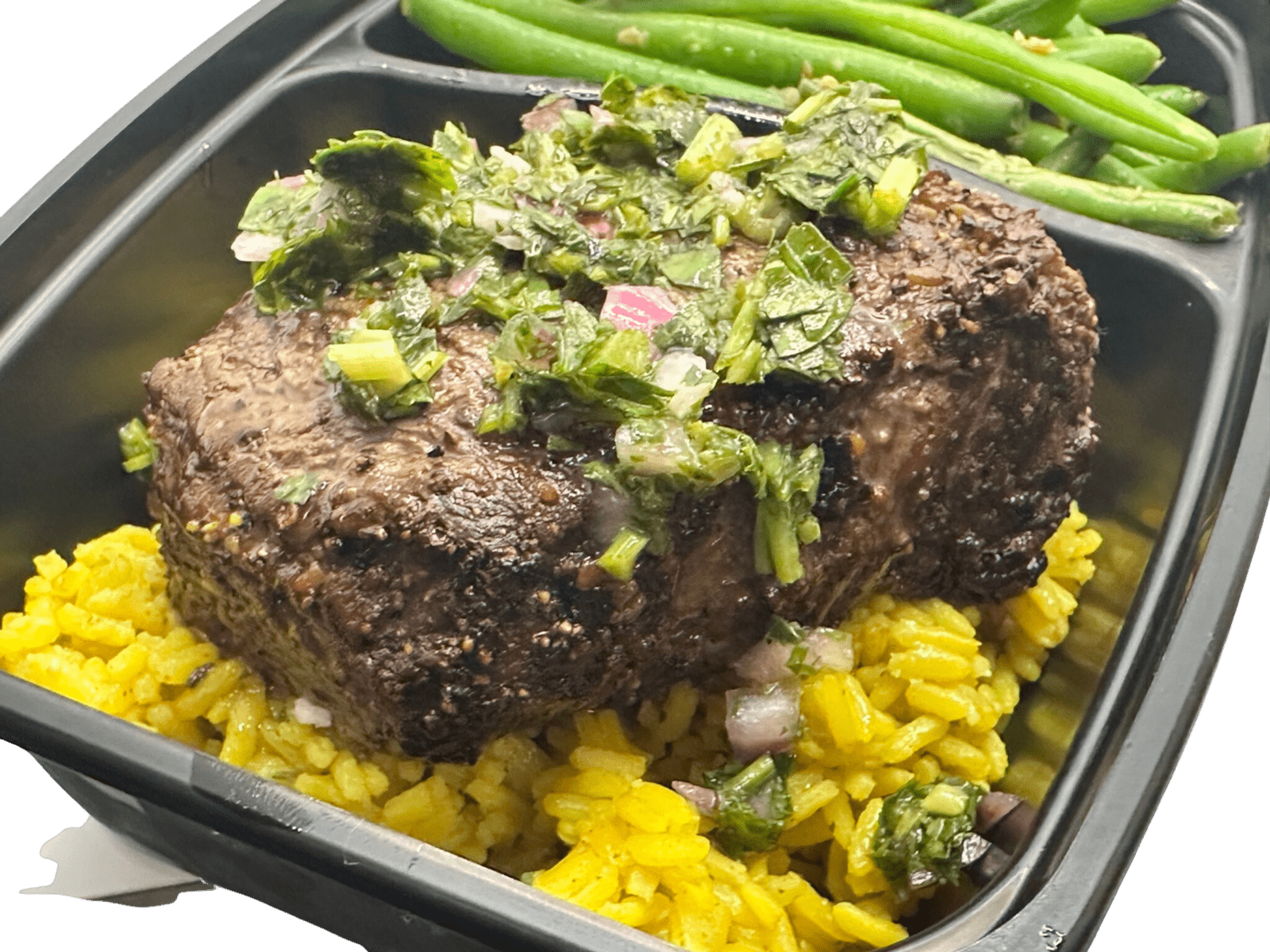 Chimichurri Steak with Yellow Rice, Green Beans - Whole Body Fuel